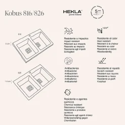 Evier à encastrer POALGI, KOBUS 816, Granit, Gris Ash, 80 cm, 2 bacs