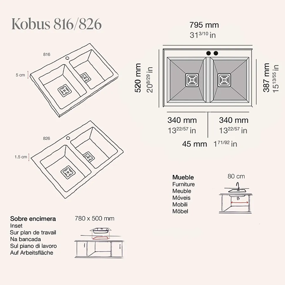 Evier à encastrer POALGI, KOBUS 816, Granit, Gris Ash, 80 cm, 2 bacs