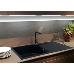 Evier 1 grande cuve 1 égouttoir en résine noir Essebagno Sierra