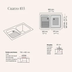Evier Bac à laver pour buanderie à encastrer Poalgi Cuarzo Blanc - 2 bacs