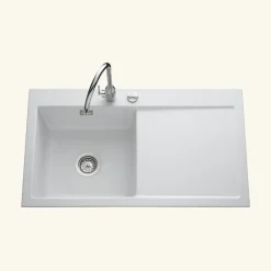 Evier céramique blanc mat Systemceram CLEYA 1 grand bac - égouttoir droite