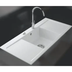 Evier céramique blanc mat Systemceram CLEYA 1 grand bac 2 égouttoirs