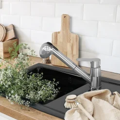 Evier céramique noir mat Ewi VICTOIRE 1 bac 1 égouttoir