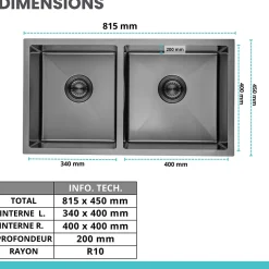 Evier cuisine 2 bacs inox LOMAZOO Vermont 815x450 mm Anthracite