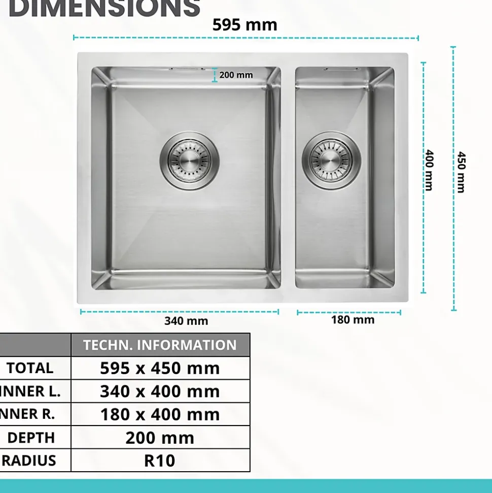 Evier cuisine 2 bacs inox LOMAZOO Proxima 595x450 mm