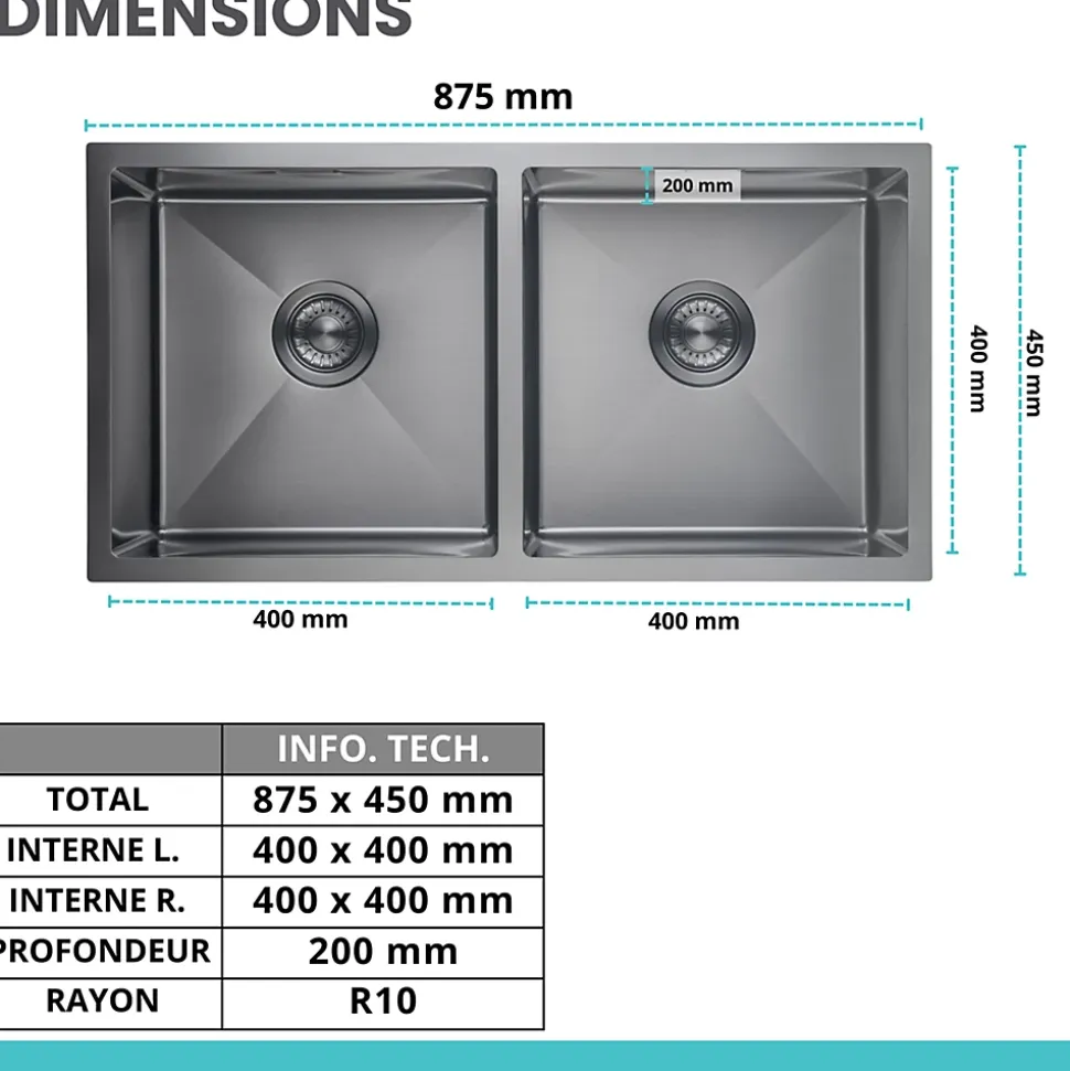 Evier cuisine 2 bacs inox LOMAZOO Aquarius 875x450 mm Anthracite