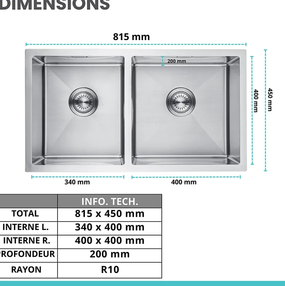 Evier cuisine 2 bacs inox LOMAZOO Windsor 815x450 mm