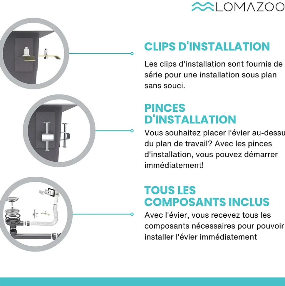 Evier cuisine 2 bacs inox LOMAZOO Windsor 815x450 mm