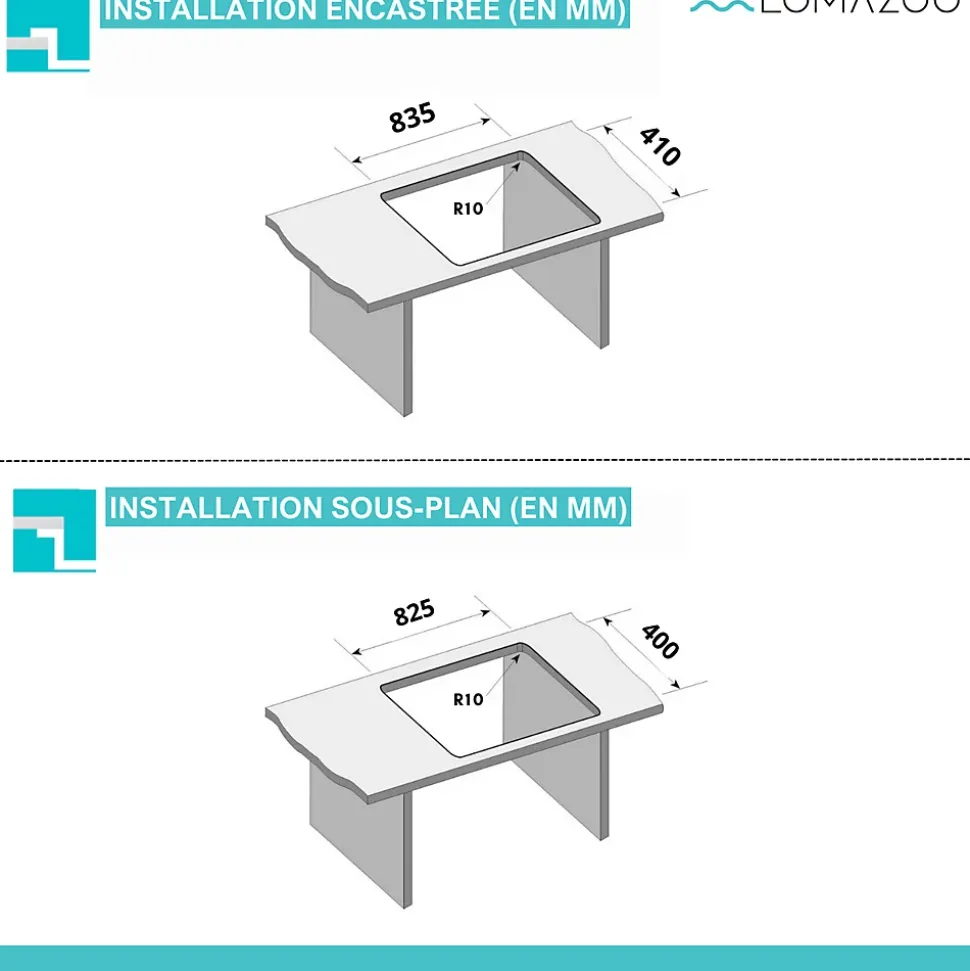 Evier cuisine 2 bacs inox LOMAZOO Phantom 875x450 mm