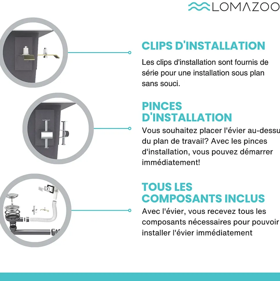 Evier cuisine 2 bacs inox LOMAZOO Phantom 875x450 mm