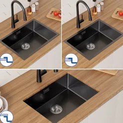 Evier Cuisine 60 cm Noir, Evier en inox, Evier 1 Bac avec Kit de Vidage, Evier a Encastrer