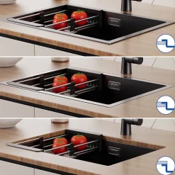 Evier Cuisine 60 cm Noir, Evier en inox, Evier 1 Bac avec Kit de Vidage, Evier a Encastrer