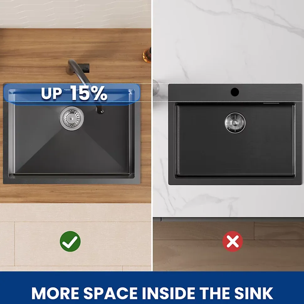 Evier Cuisine 60 cm Noir, Evier en inox, Evier 1 Bac avec Kit de Vidage, Evier a Encastrer