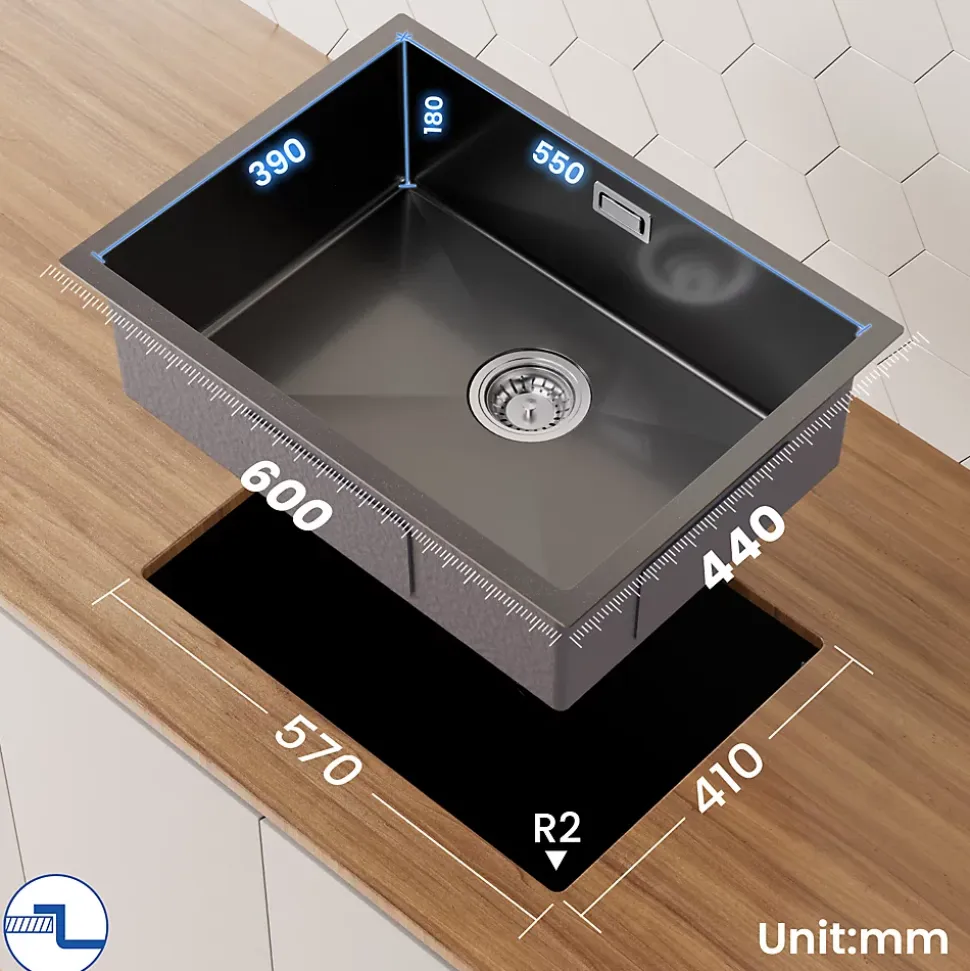 Evier Cuisine 60 cm Noir, Evier en inox, Evier 1 Bac avec Kit de Vidage, Evier a Encastrer