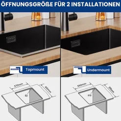 Evier Cuisine 60 cm Noir, Evier en inox, Evier 1 Bac avec Kit de Vidage, Evier a Encastrer