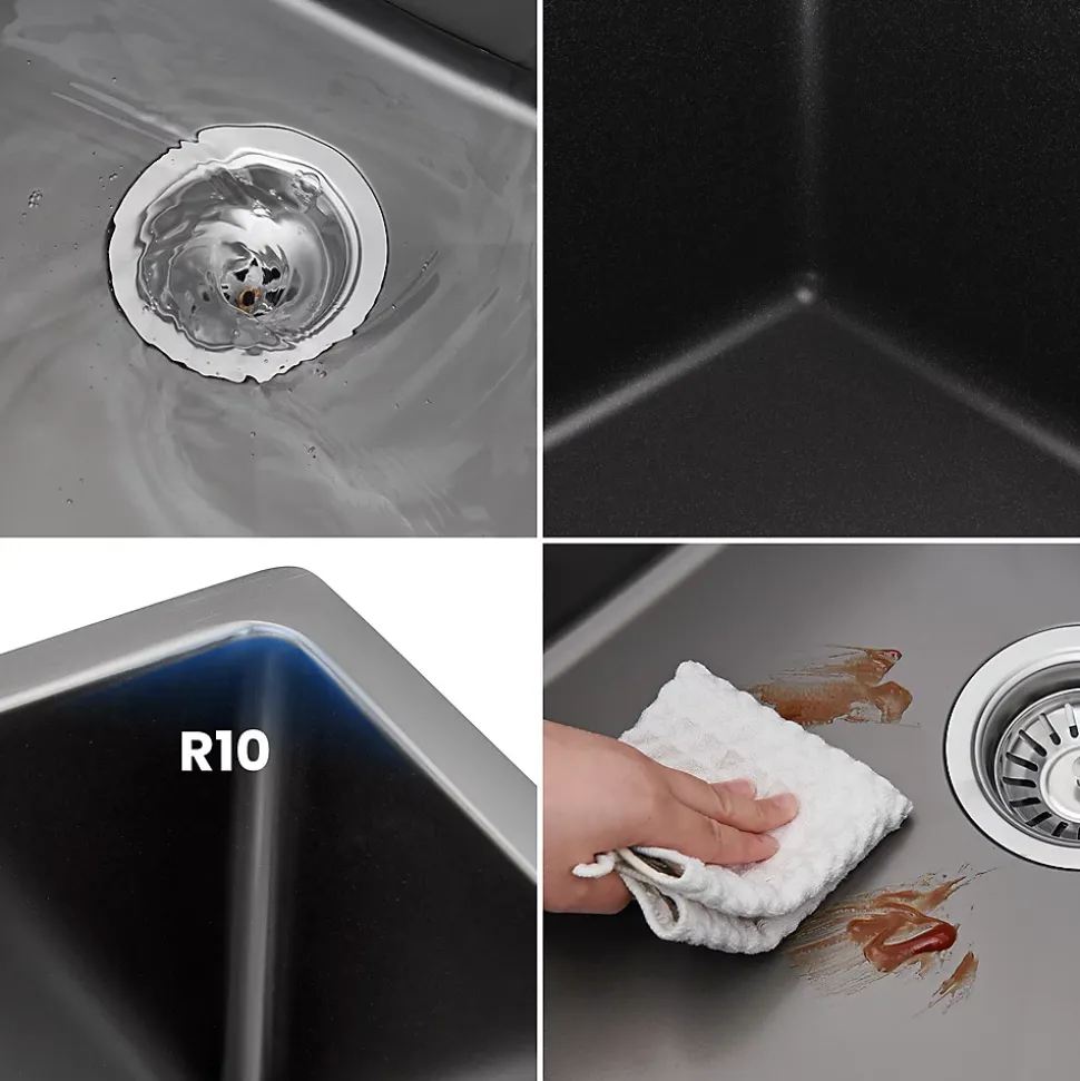 Evier Cuisine 60 cm Noir, Evier en inox, Evier 1 Bac avec Kit de Vidage, Evier a Encastrer