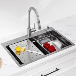 Evier Cuisine en Inox 70 cm CECIPA MAX Evier 1 Bac avec Plateau Egouttoir Panier Distributeur de Savon