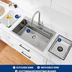 Evier Cuisine en Inox 70 cm CECIPA MAX Evier 1 Bac avec Plateau Egouttoir Panier Distributeur de Savon