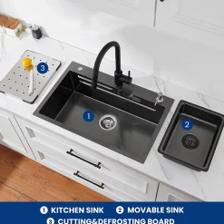 Evier Cuisine en Inox 70 cm SOFETIY MAX Evier 1 Bac avec Plateau Egouttoir Panier Distributeur de Savon