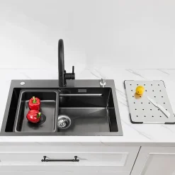 Evier Cuisine en Inox 70 cm SOFETIY MAX Evier 1 Bac avec Plateau Egouttoir Panier Distributeur de Savon