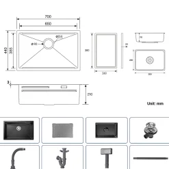 Evier de Cuisine 70 cm Cecipa MAX Evier 1 Bac en Inox avec Plateau Egouttoir Panier