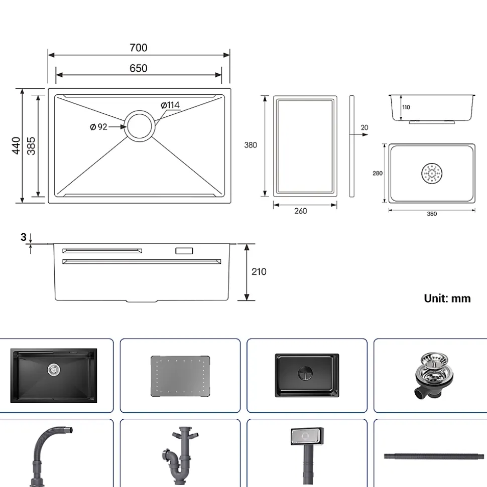 Evier de Cuisine 70 cm Cecipa MAX Evier 1 Bac en Inox avec Plateau Egouttoir Panier