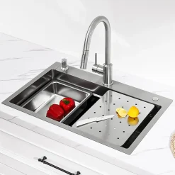 Evier de Cuisine 70 cm SOFETIY MAX Evier 1 Bac en Inox avec Plateau Egouttoir Panier Distributeur de Savon