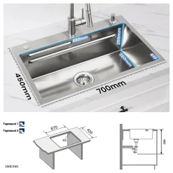 Evier de Cuisine 70 cm SOFETIY MAX Evier 1 Bac en Inox avec Plateau Egouttoir Panier Distributeur de Savon