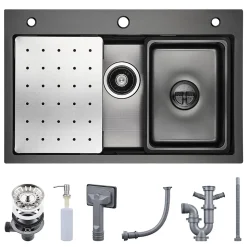 Evier de Cuisine 70 cm SOFETIY MAX Evier 1 Bac en Inox avec Plateau Egouttoir Panier Distributeur de Savon