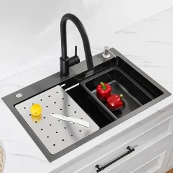 Evier de Cuisine 70 cm SOFETIY MAX Evier 1 Bac en Inox avec Plateau Egouttoir Panier Distributeur de Savon