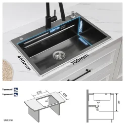 Evier de Cuisine 70 cm SOFETIY MAX Evier 1 Bac en Inox avec Plateau Egouttoir Panier Distributeur de Savon