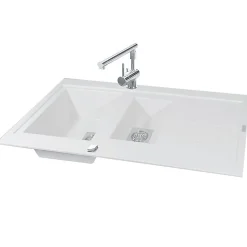 Evier de cuisine à encaster 1 cuve et demi bac en résine minérale Blanc 98 x 50 cm