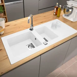 Evier de cuisine à encaster 2 cuves bacs en résine minérale Blanc 117 x 50 cm