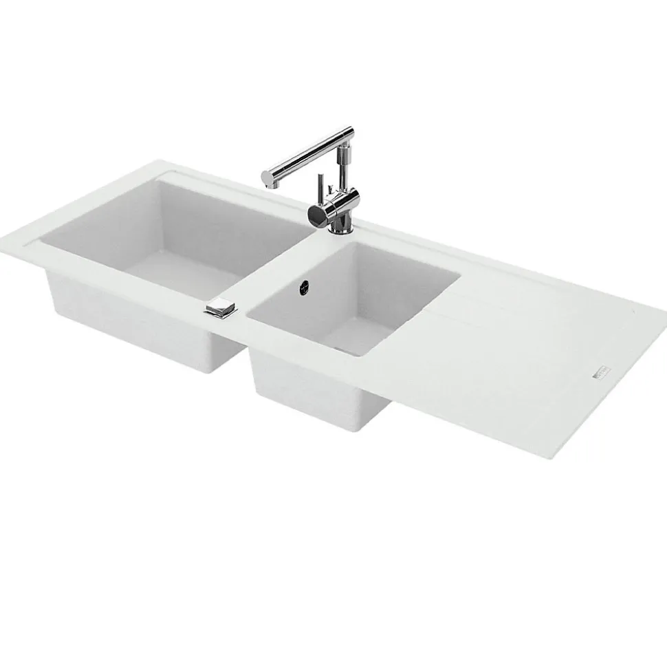 Evier de cuisine à encaster 2 cuves bacs en résine minérale Blanc 117 x 50 cm