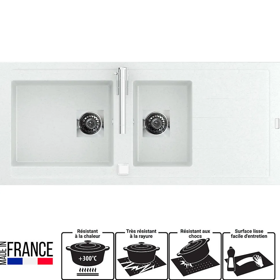 Evier de cuisine à encaster 2 cuves bacs en résine minérale Blanc 117 x 50 cm