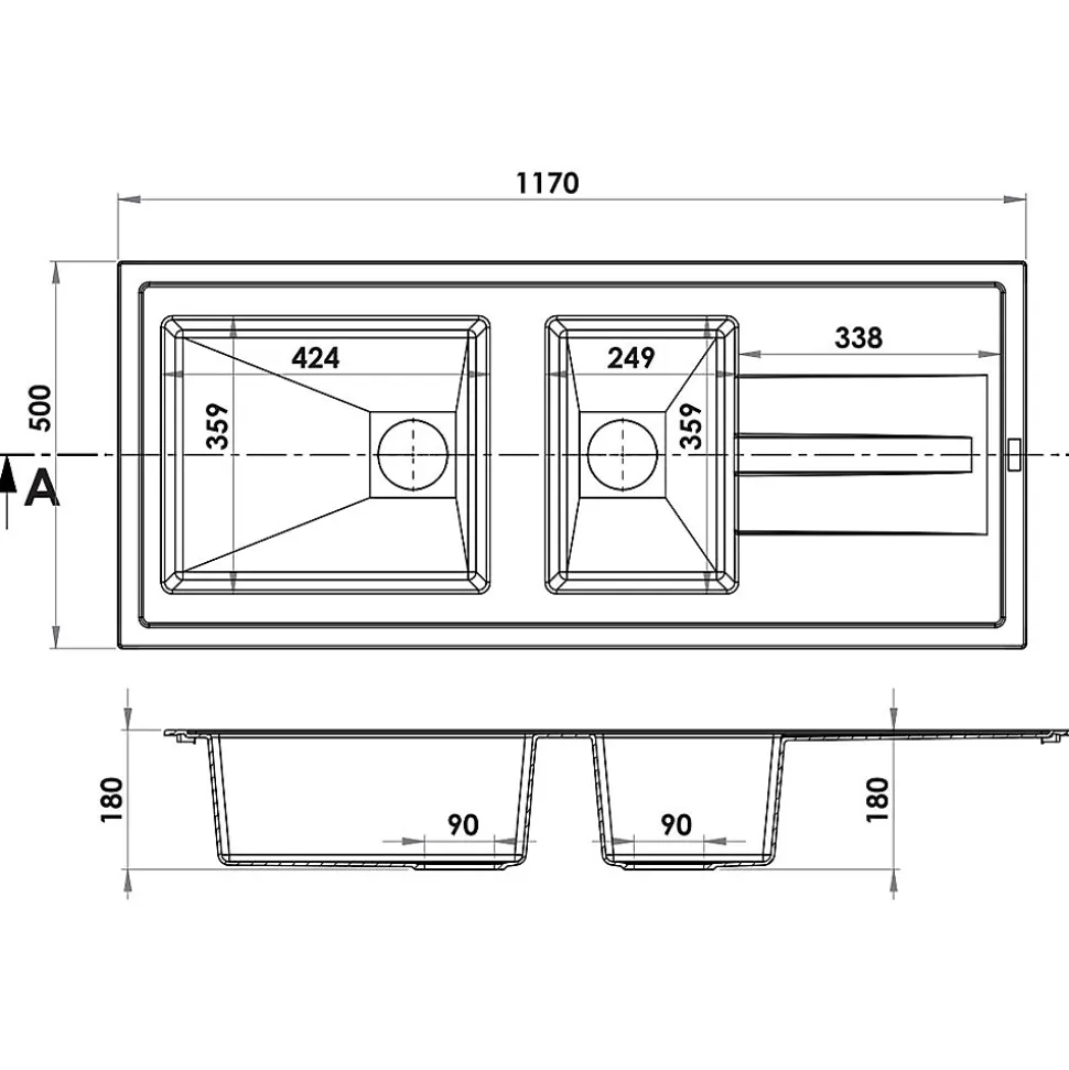 Evier de cuisine à encaster 2 cuves bacs en résine minérale Blanc 117 x 50 cm