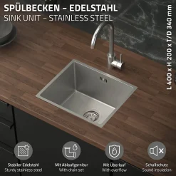 Evier de cuisine en acier inoxydable à encastrer argenté avec vidage 40x34 cm