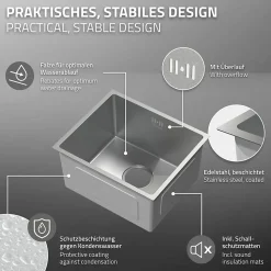Evier de cuisine en acier inoxydable à encastrer argenté avec vidage 40x34 cm