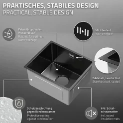 Evier de cuisine en acier inoxydable à encastrer anthracite avec vidage 40x34 cm