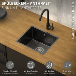 Evier de cuisine en acier inoxydable à encastrer anthracite avec vidage 40x34 cm