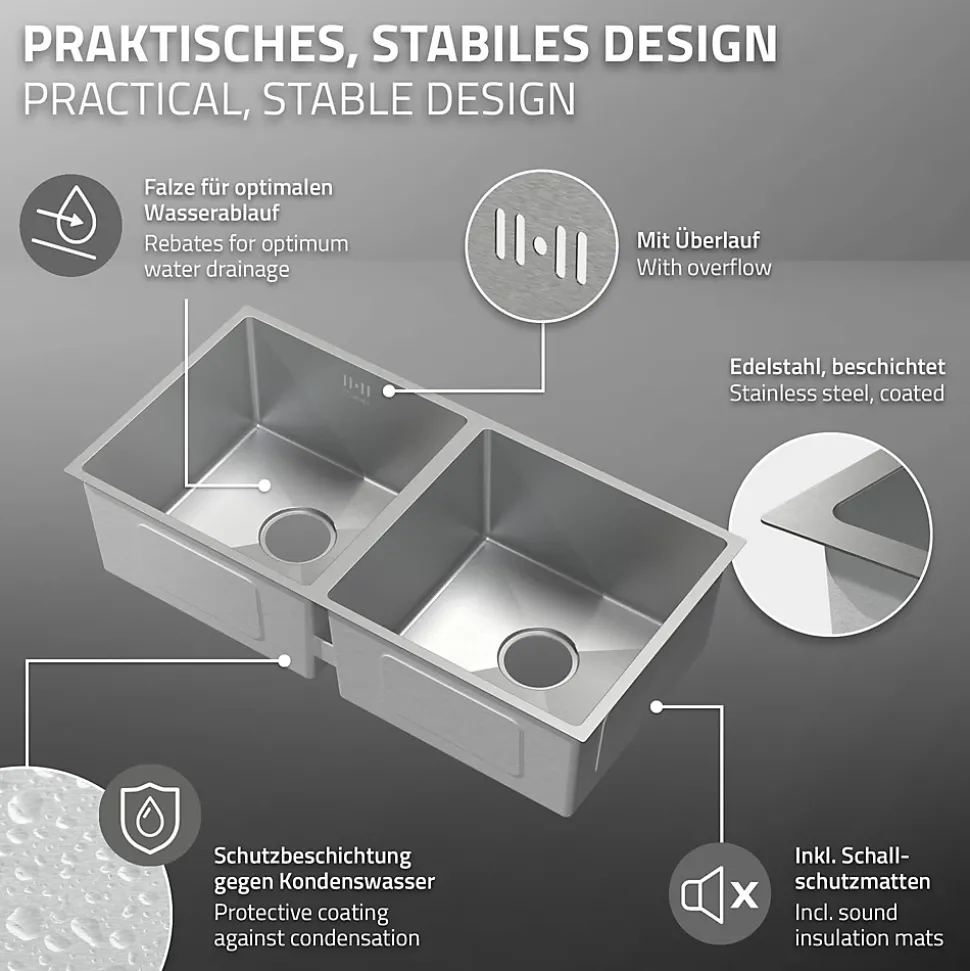 Evier double inox cuisine bac à encastrer argent + vidage trop-plein 81,5x40 cm