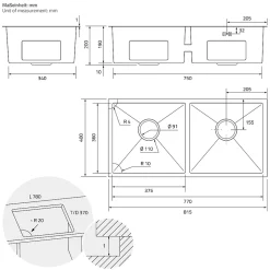 Evier double inox cuisine bac à encastrer argent + vidage trop-plein 81,5x40 cm