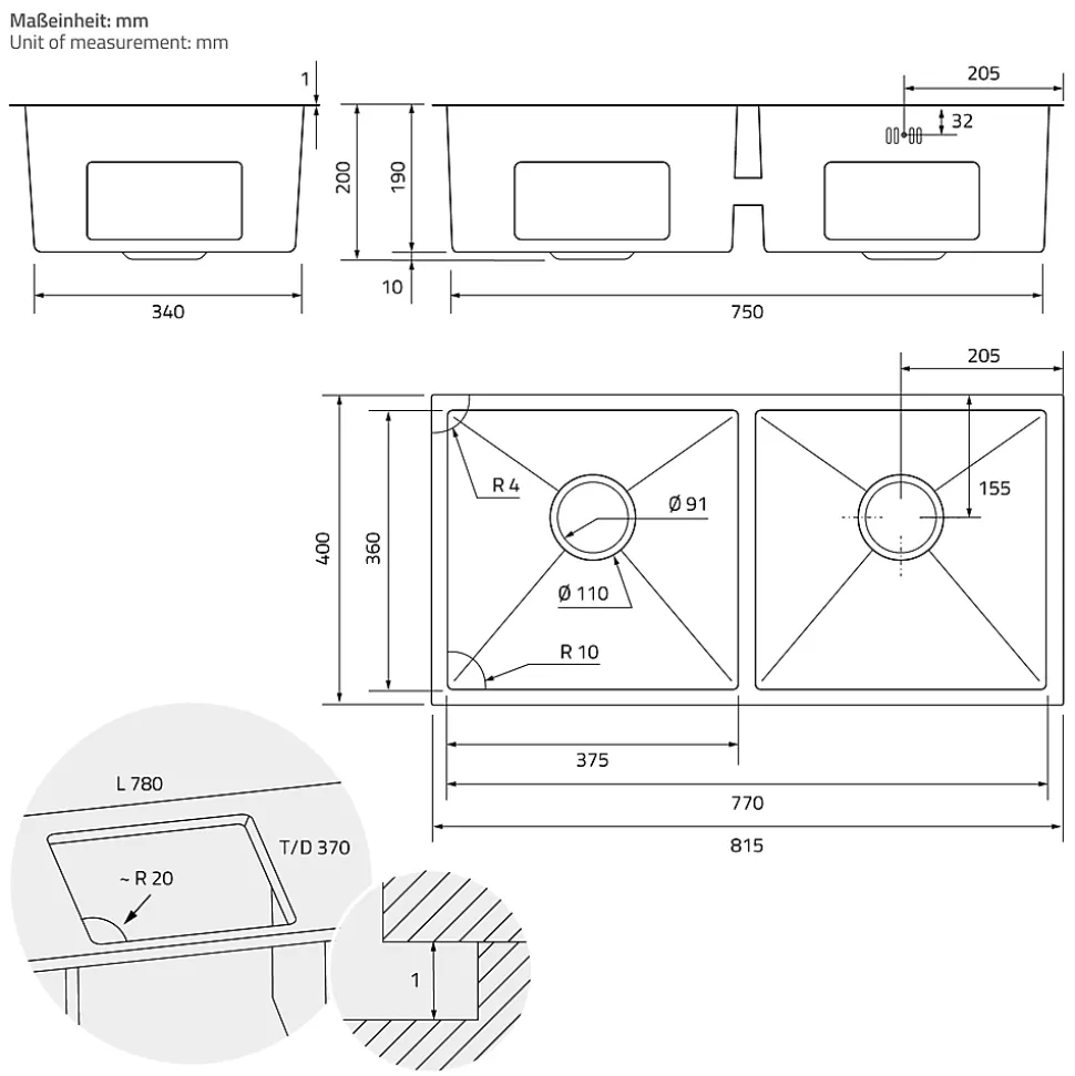 Evier double inox cuisine bac à encastrer argent + vidage trop-plein 81,5x40 cm