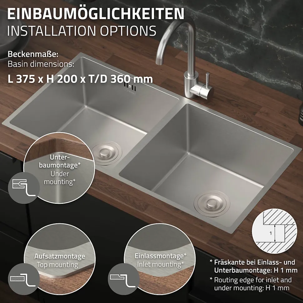 Evier double inox cuisine bac à encastrer argent + vidage trop-plein 81,5x40 cm