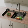 Evier en acier inoxydable SIRHONA 750x450x230mm Noir Kit d'évier multifonctionnel Bouton double Affichage de la température