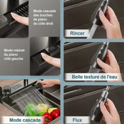 Evier en acier inoxydable SIRHONA 750x450x230mm Noir Kit d'évier multifonctionnel Bouton double Affichage de la température
