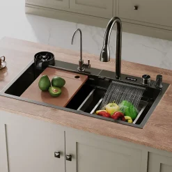 Evier en acier inoxydable SIRHONA 800x450x230mm Noir Kit d'évier multifonctionnel Bouton double Affichage de la température