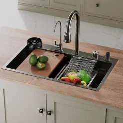 Evier en acier inoxydable SIRHONA 750x450x230mm Noir Kit d'évier multifonctionnel Pratique et résistant.