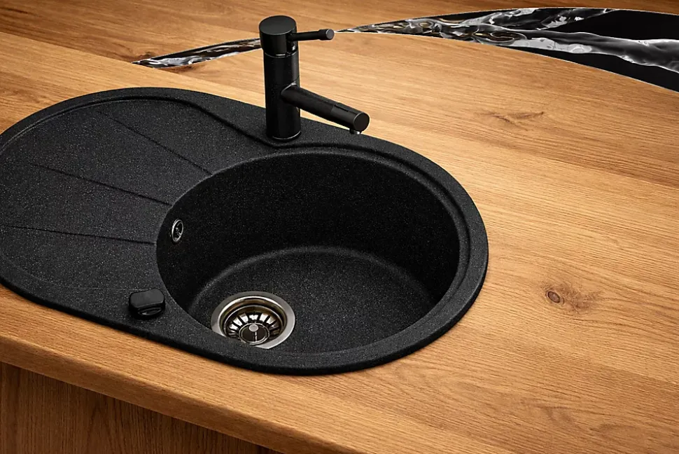 Evier en granit 1 bac - rond avec égouttoir en granit NOIR - CLARUS