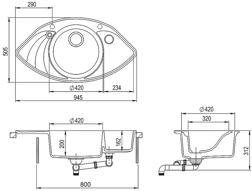 Evier granit 2 bacs - granit NOIR - Papillon 945x505